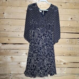 Ghost Silk Dress 12 Women's Navy Blue Whimsigoth Beaded Patchwork Flowy